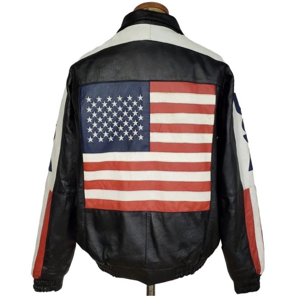 Vintage WILDA Men Genuine Leather Jacket USA American Flag Embroidered Size XL‎